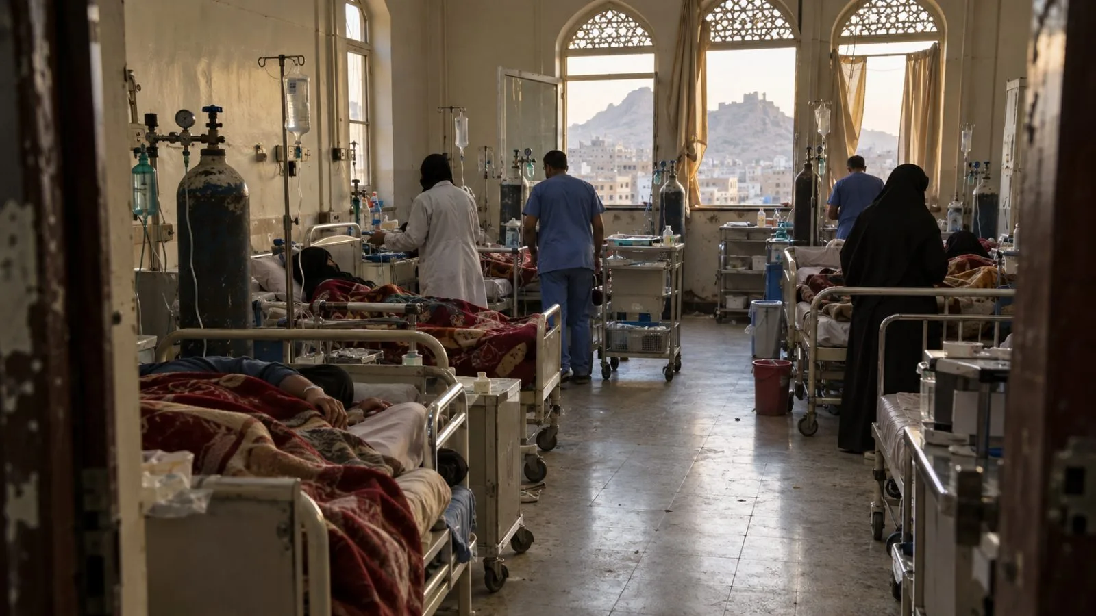 Oxygen cylinders stand beside patients' beds in a hospital ward in Taiz, Yemen. (AI-generated image / EconoTimes)