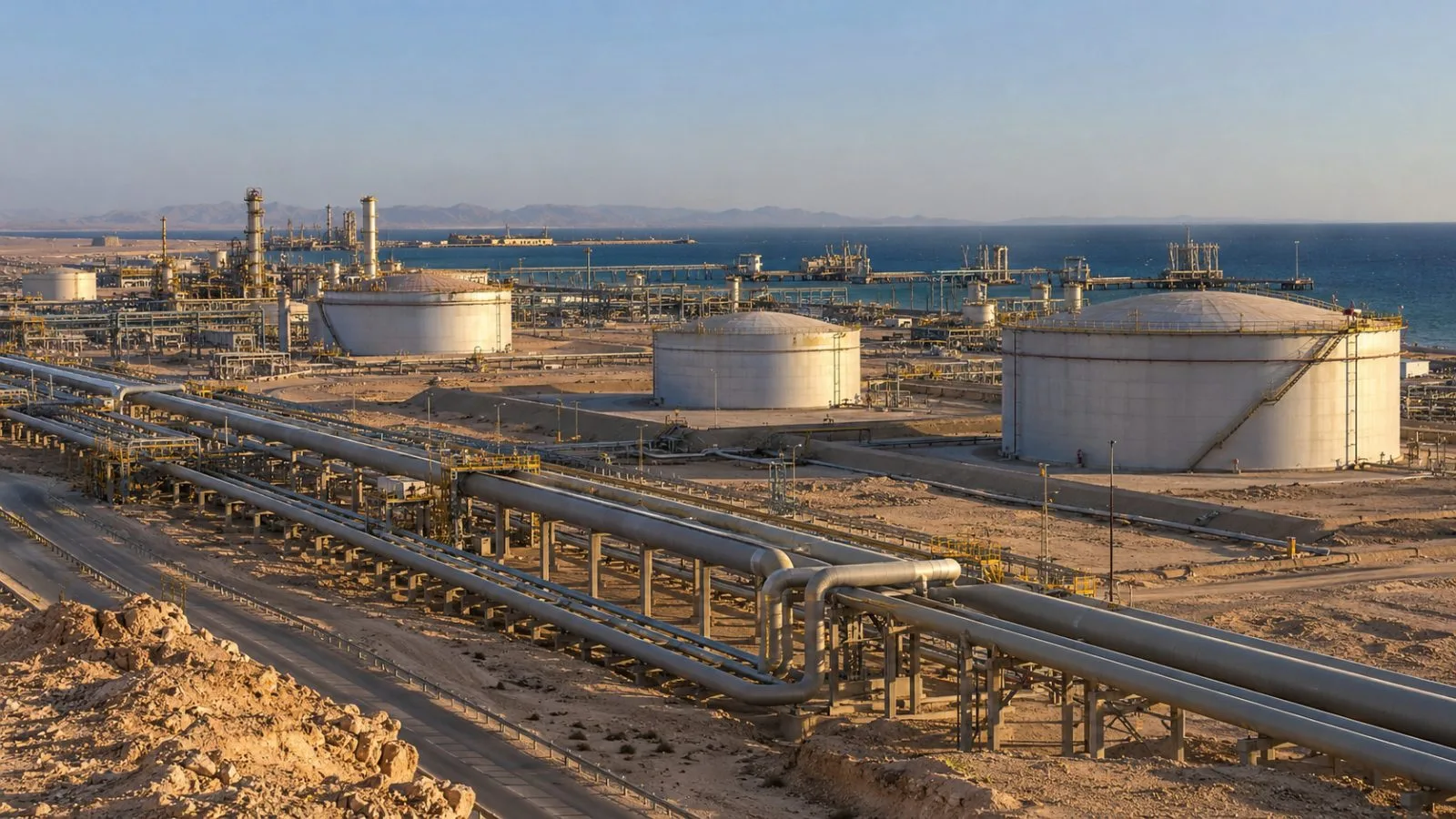 Pipelines and storage tanks line the East-West energy corridor near Yanbu, Saudi Arabia (AI-generated image / EconoTimes)