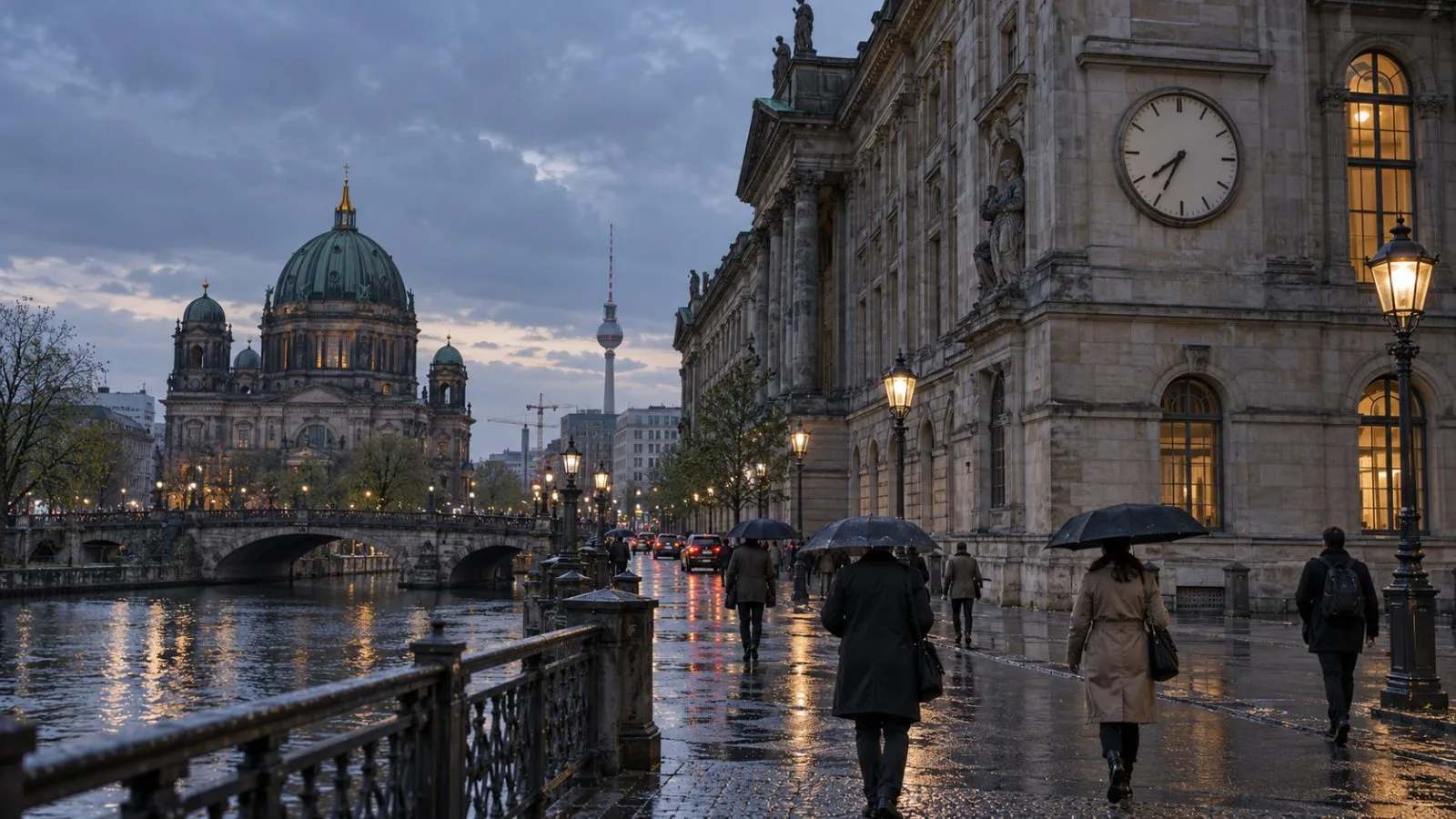 A street clock overlooks a wet roadway in central Berlin, Germany, at dusk. (AI-generated image / EconoTimes)