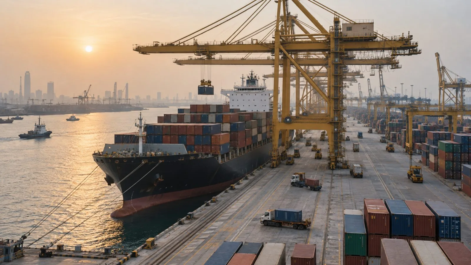 Container cranes move freight beside a cargo ship at Jebel Ali Port in Dubai (AI-generated image / EconoTimes)