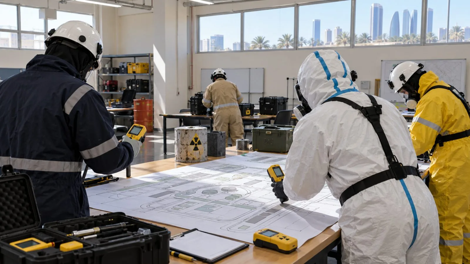 Trainees practice radiation emergency procedures inside a civil-defence training room in Abu Dhabi, United Arab Emirates. (AI-generated image / EconoTimes)