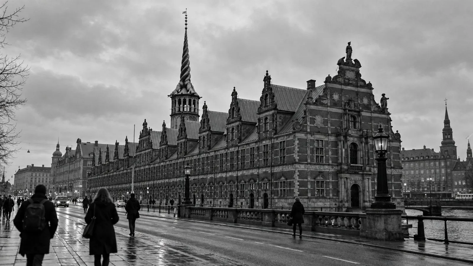 Pedestrians pass a stock exchange entrance in Copenhagen, Denmark, on an overcast morning. (AI-generated image / EconoTimes)