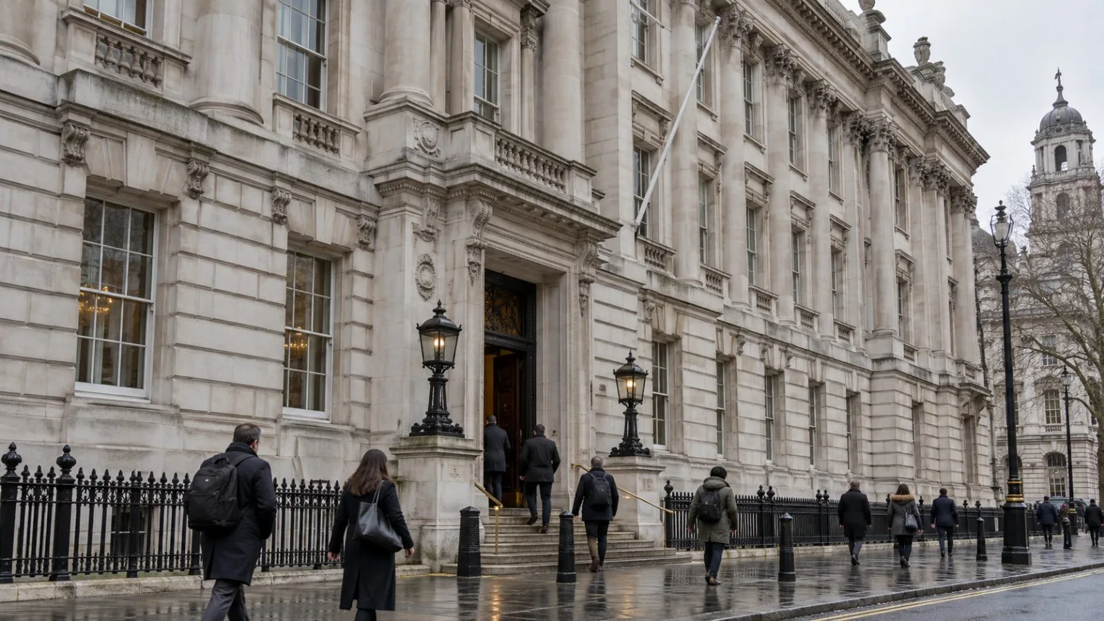 Pedestrians pass the Cabinet Office building on Whitehall in London. (AI-generated image / EconoTimes)