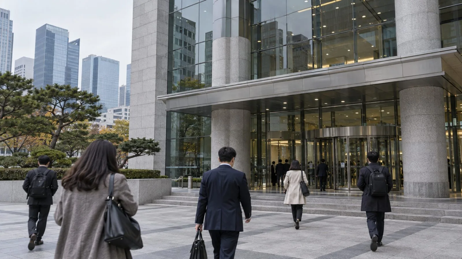 Commuters pass the Korea Exchange in Seoul’s Yeouido financial district (AI-generated image / EconoTimes)