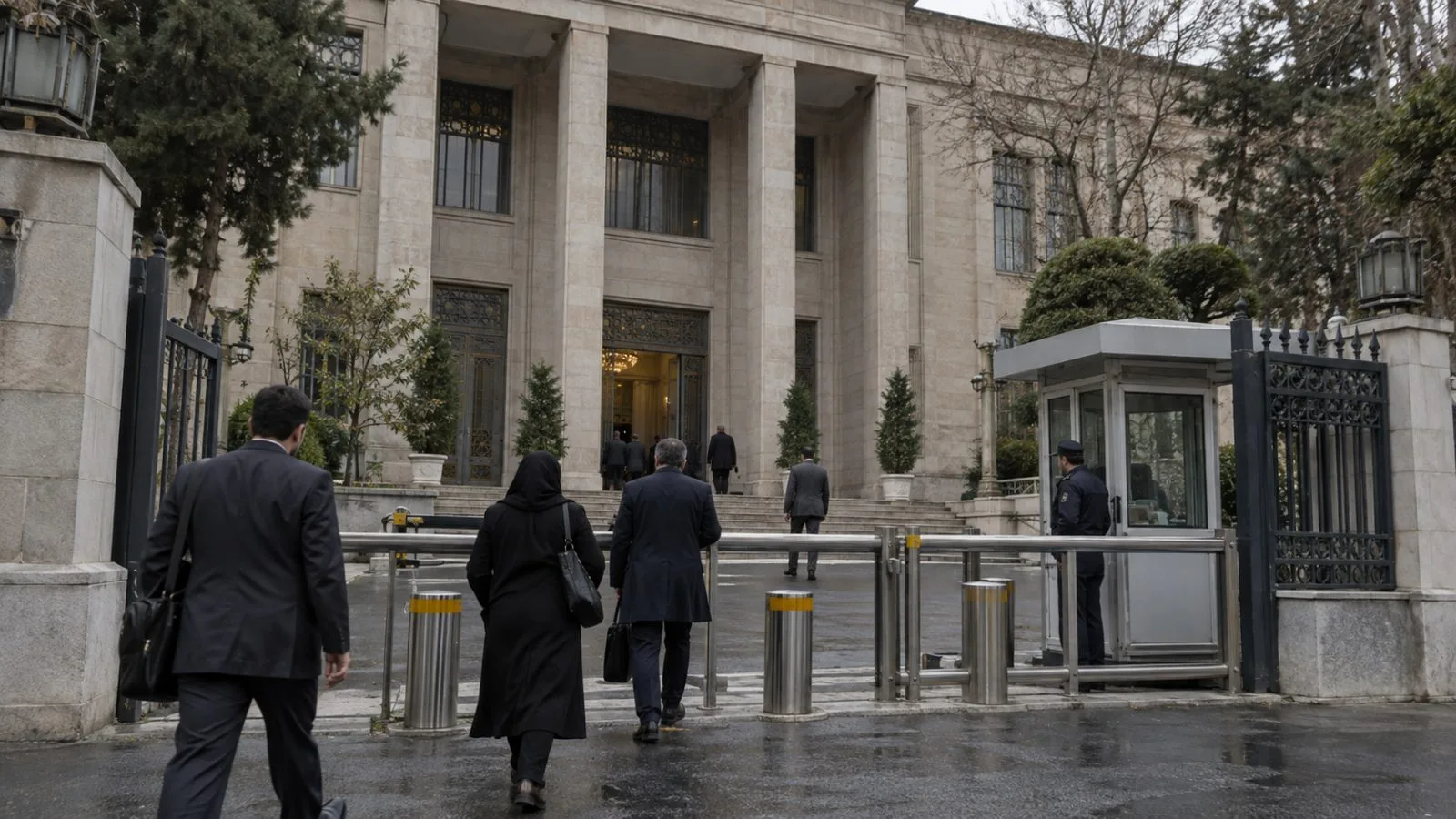 Visitors approach the Iranian Foreign Ministry in Tehran on an overcast morning. (AI-generated image / EconoTimes)