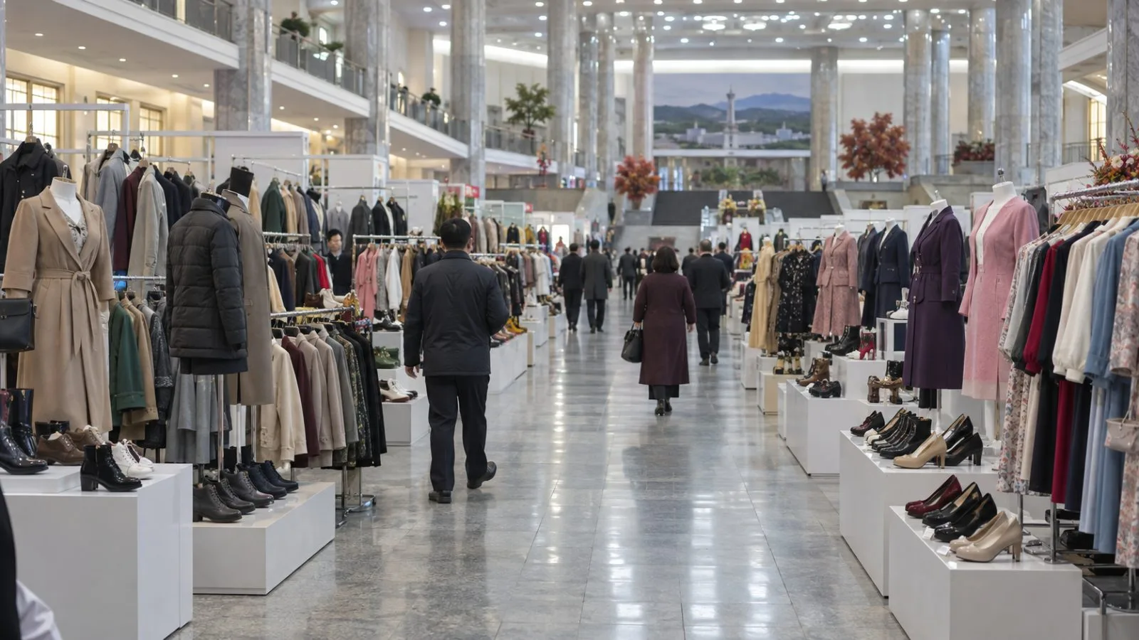 Visitors view garments and shoes at an exhibition in Pyongyang, North Korea. (AI-generated image / EconoTimes)