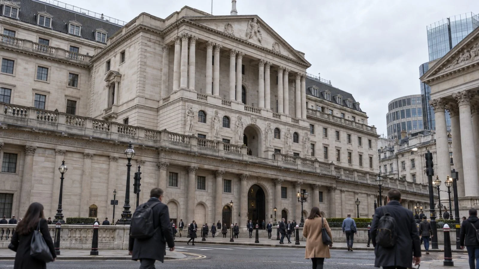 Pedestrians pass the Bank of England on Threadneedle Street in London. (AI-generated image / EconoTimes)