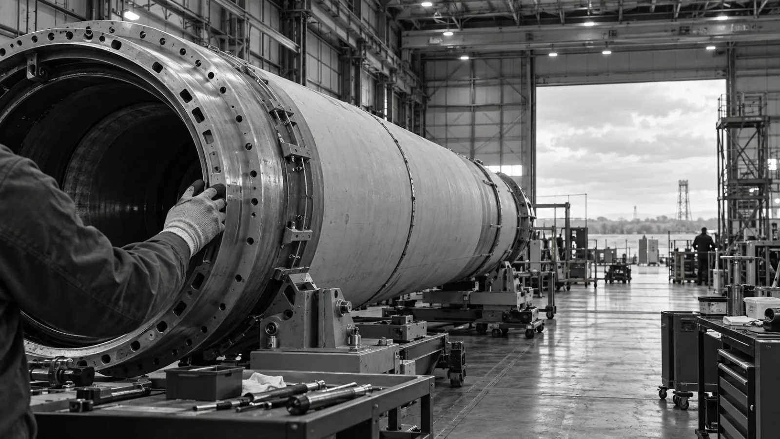 A rocket motor casing rests on a work stand inside a facility in Luling, Texas. (AI-generated image / EconoTimes)