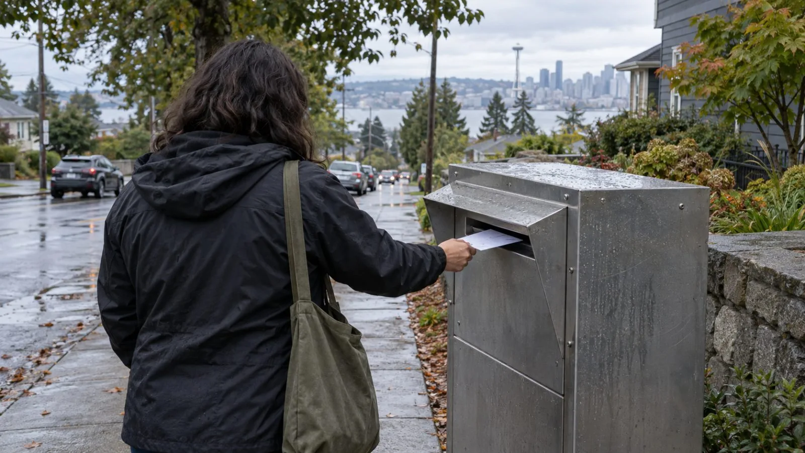 A voter places a ballot into a drop box on a Seattle sidewalk during Washington’s primary election. (AI-generated image / EconoTimes)