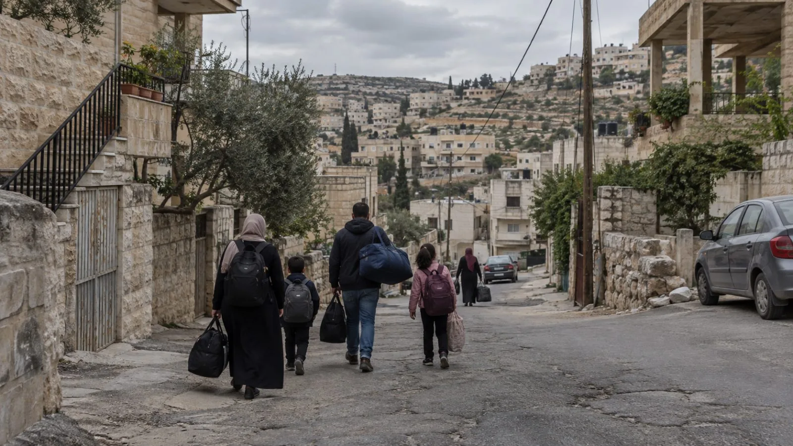 Displaced residents carry belongings along a residential street in Deir Bahha, Hebron. (AI-generated image / EconoTimes)