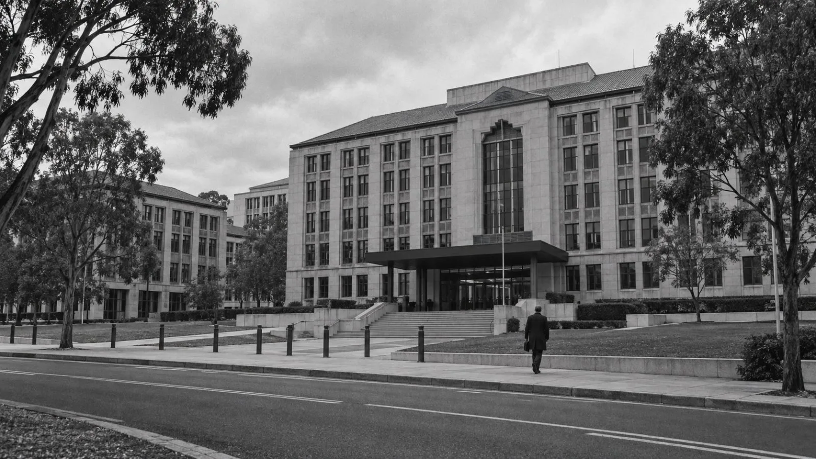 A pedestrian walks past the Australian Treasury offices in Canberra on an overcast afternoon. / EconoTimes.ai