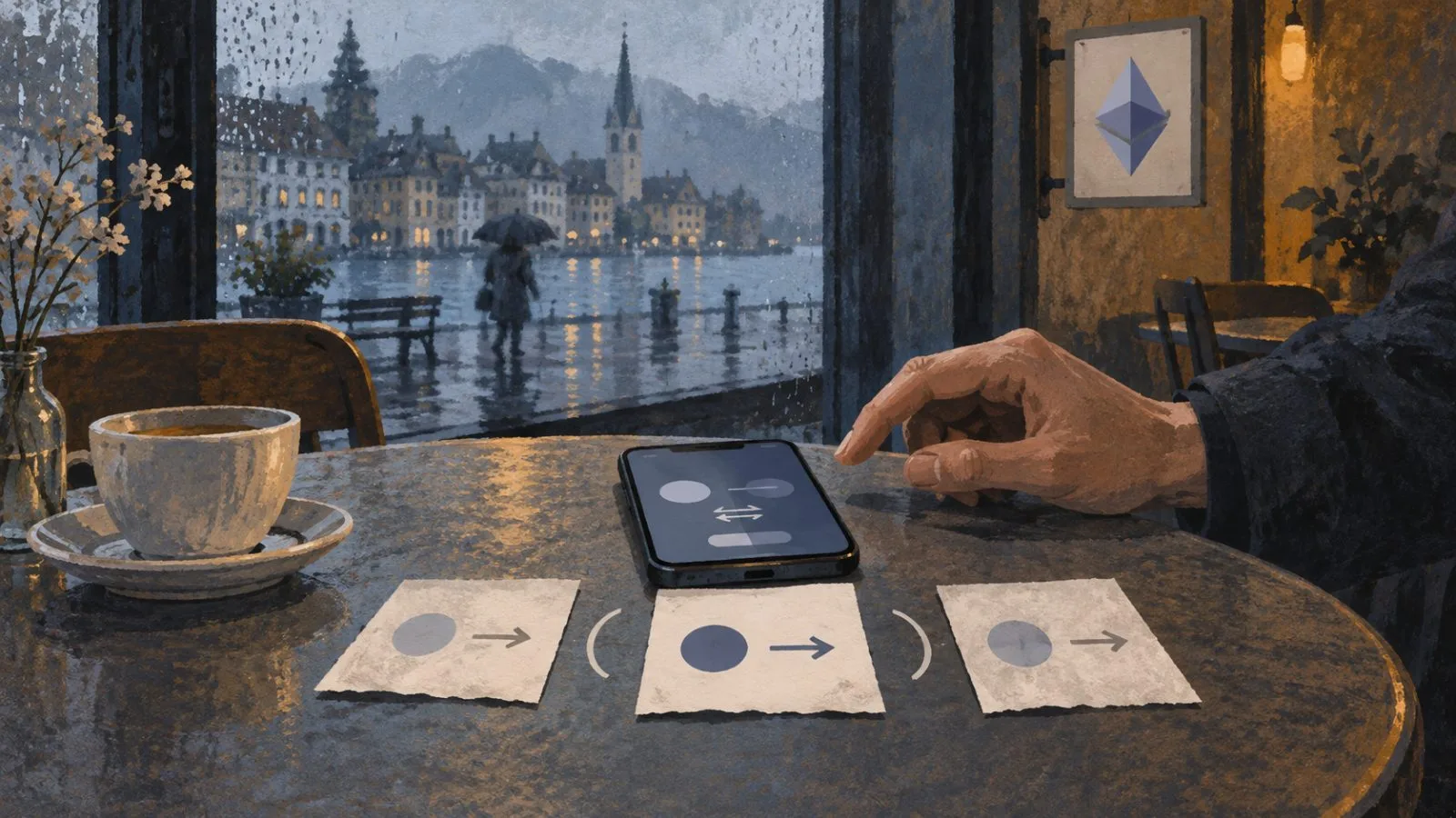 Three trade slips bracket a phone on a café table in Zug, Switzerland. / EconoTimes.ai