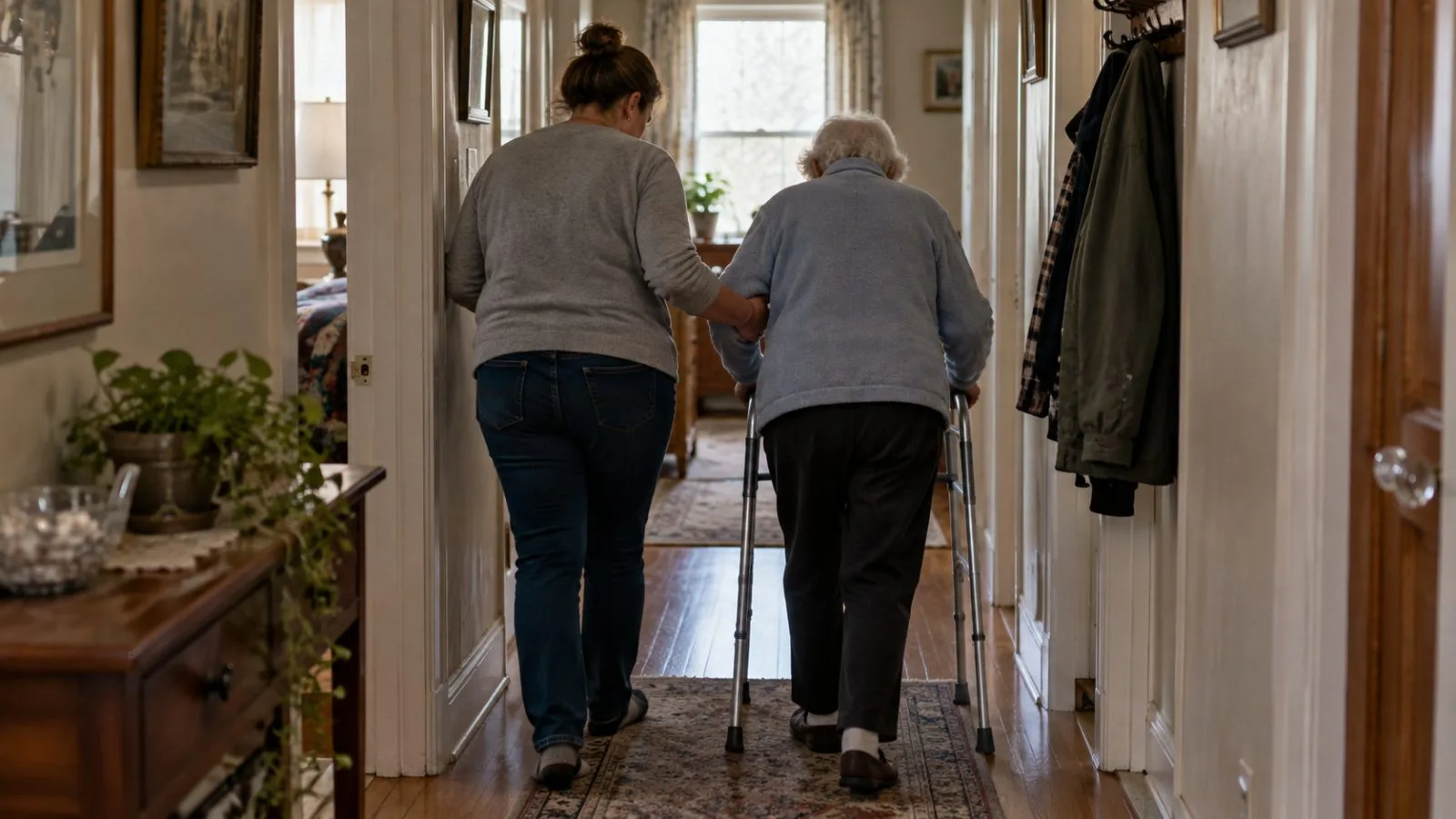 An adult caregiver steadies an older relative in a family home in the United States (AI-generated image / EconoTimes)