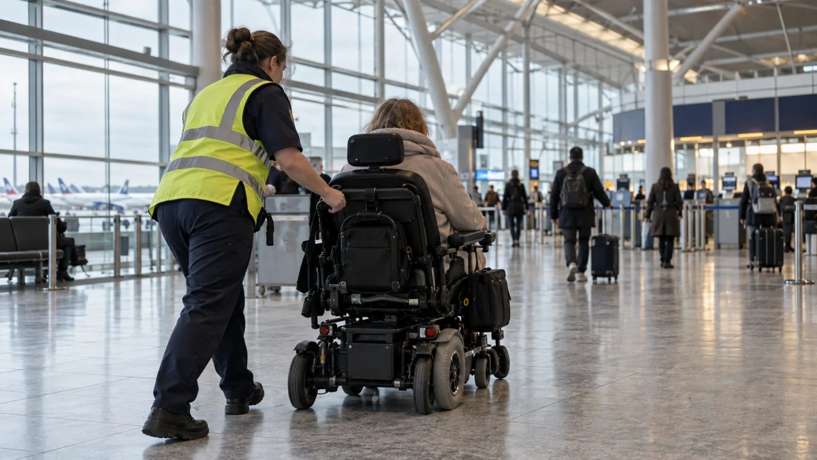 An airport worker handles a powered wheelchair at Heathrow Airport in London. (AI-generated image / EconoTimes)