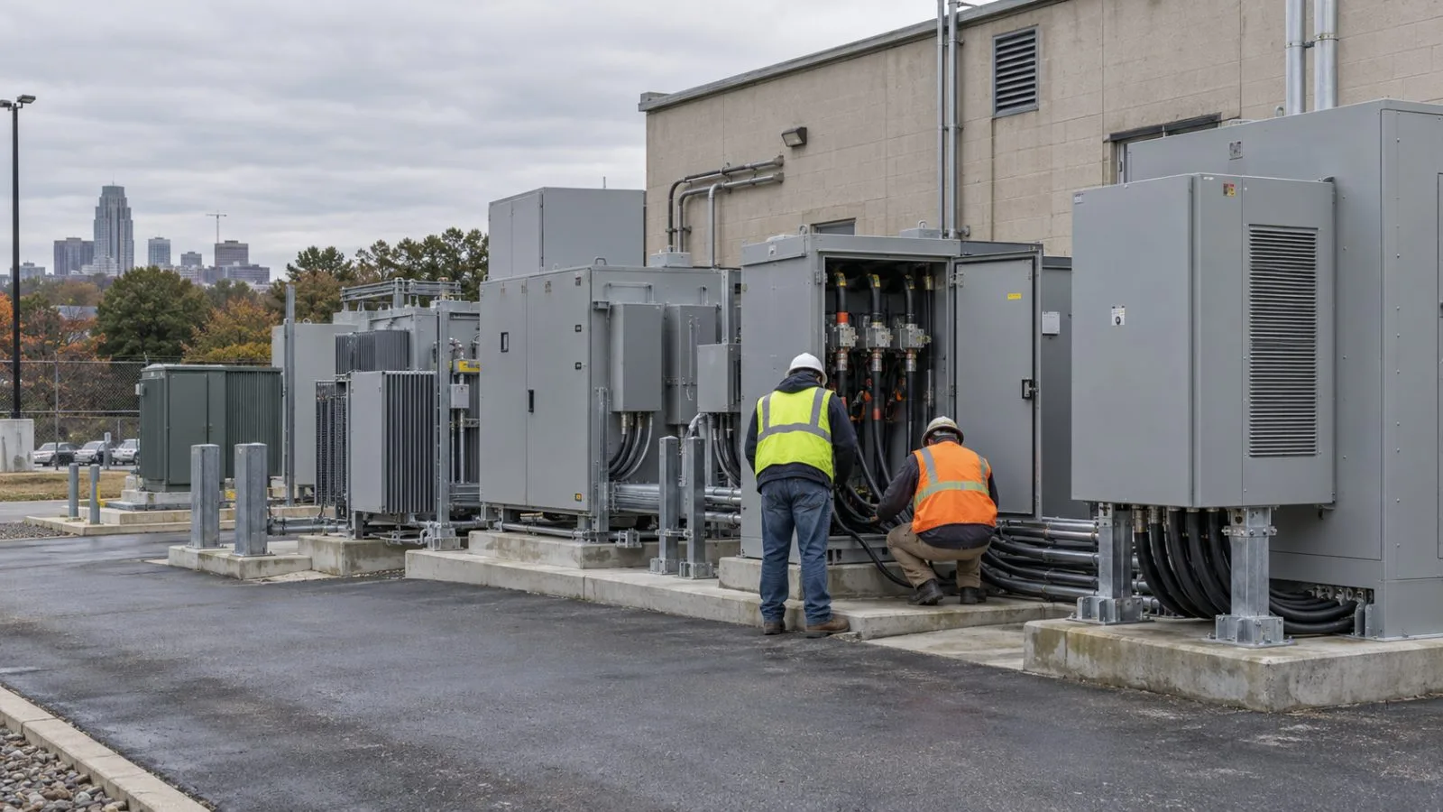 Switchgear cabinets stand beside an industrial facility in Raleigh, North Carolina. (AI-generated image / EconoTimes)