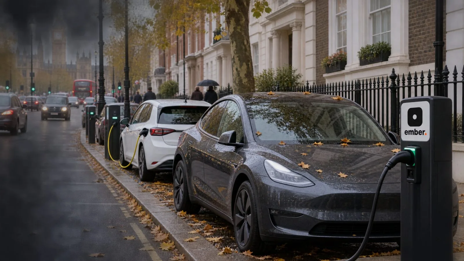 Electric cars charge at curbside posts on a London street beneath an overcast sky. / EconoTimes.ai