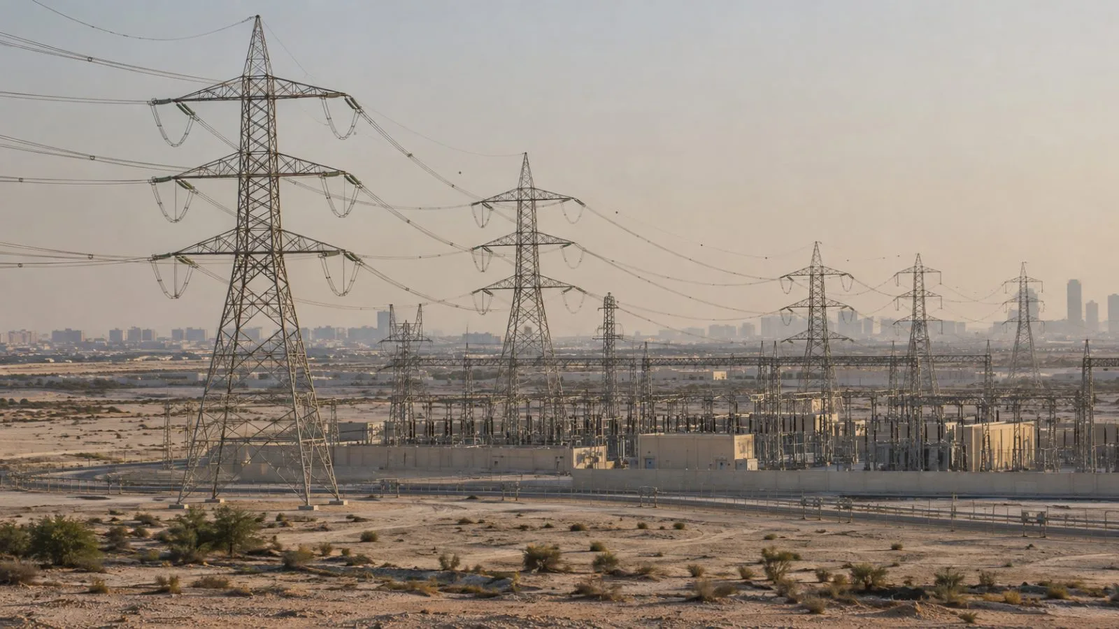 High-voltage transmission lines cross the outskirts of Abu Dhabi, United Arab Emirates. (AI-generated image / EconoTimes)