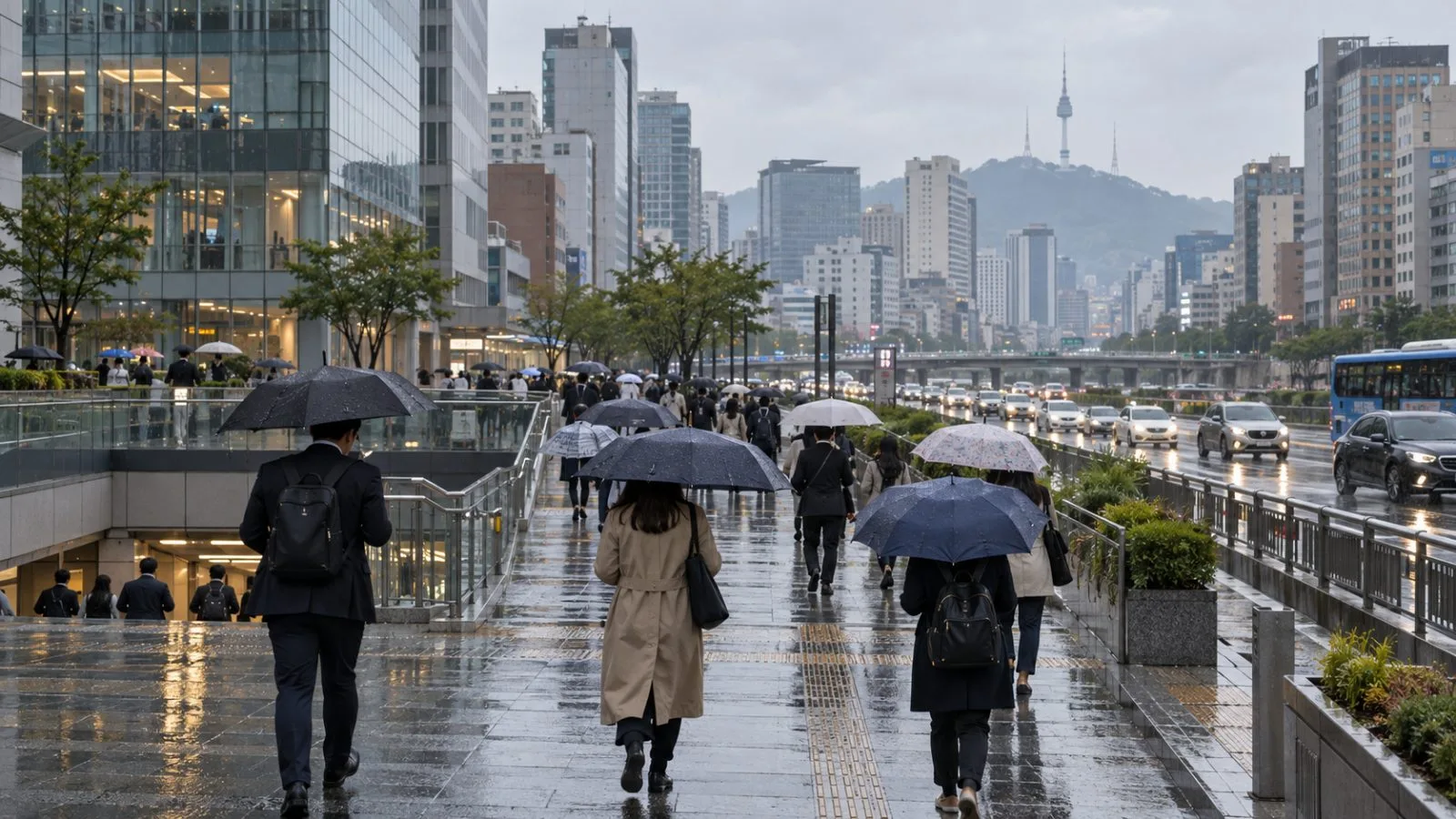 Commuters carry umbrellas along a rain-slick street in Seoul, South Korea. (AI-generated image / EconoTimes)