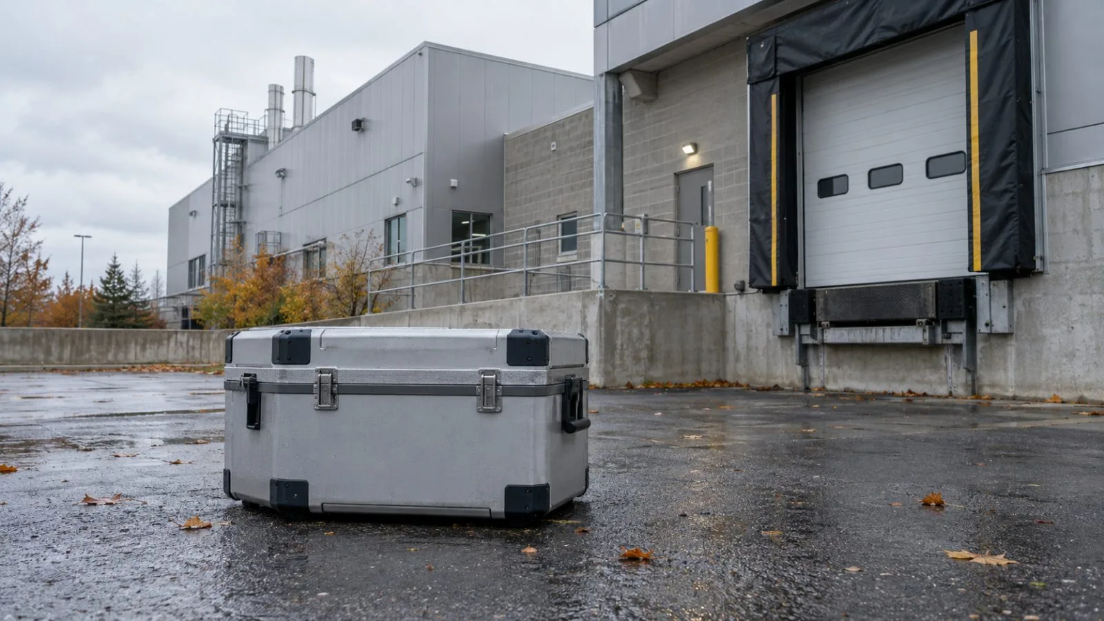 A radiopharmaceutical manufacturing facility stands beside a loading bay in Hamilton, Ontario. (AI-generated image / EconoTimes)