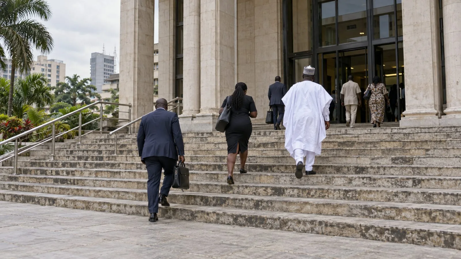 People approach a courthouse entrance in Lagos, Nigeria, beneath an overcast sky. (AI-generated image / EconoTimes)