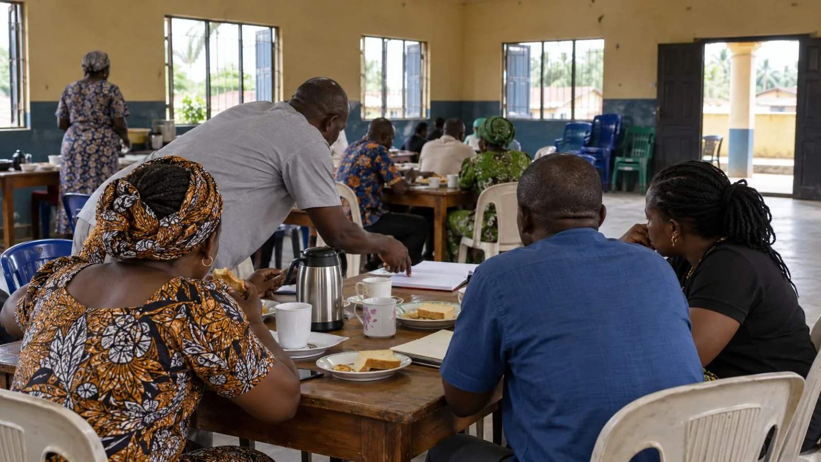Attendees meet over breakfast in a community hall in Uyo, Nigeria (AI-generated image / EconoTimes)