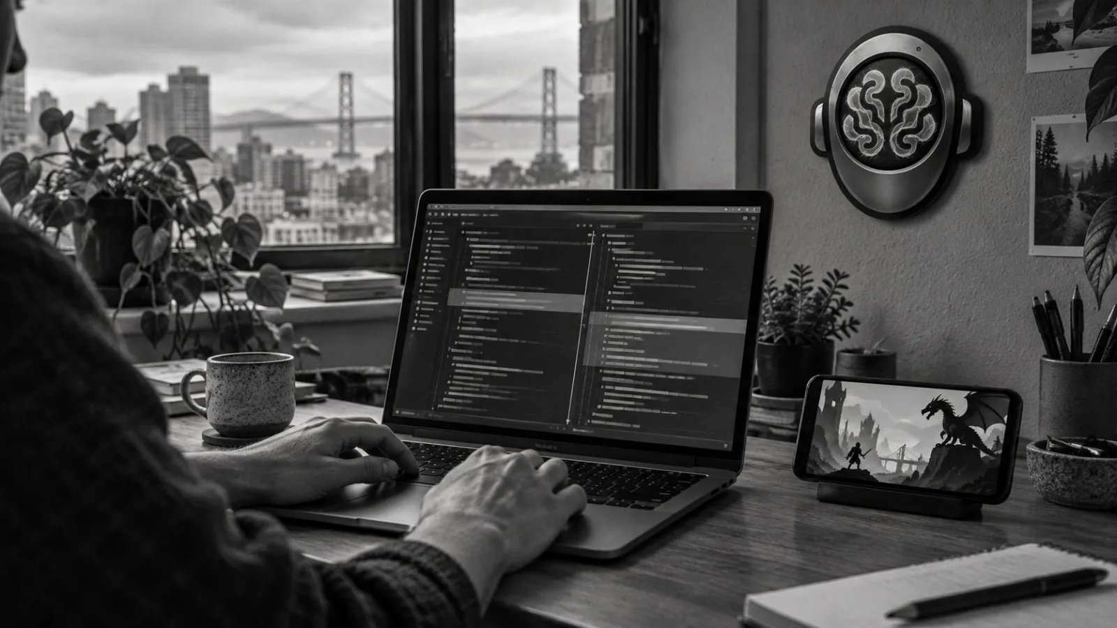 A developer reviews code beside a phone displaying a castle game in a San Francisco workspace / EconoTimes.ai