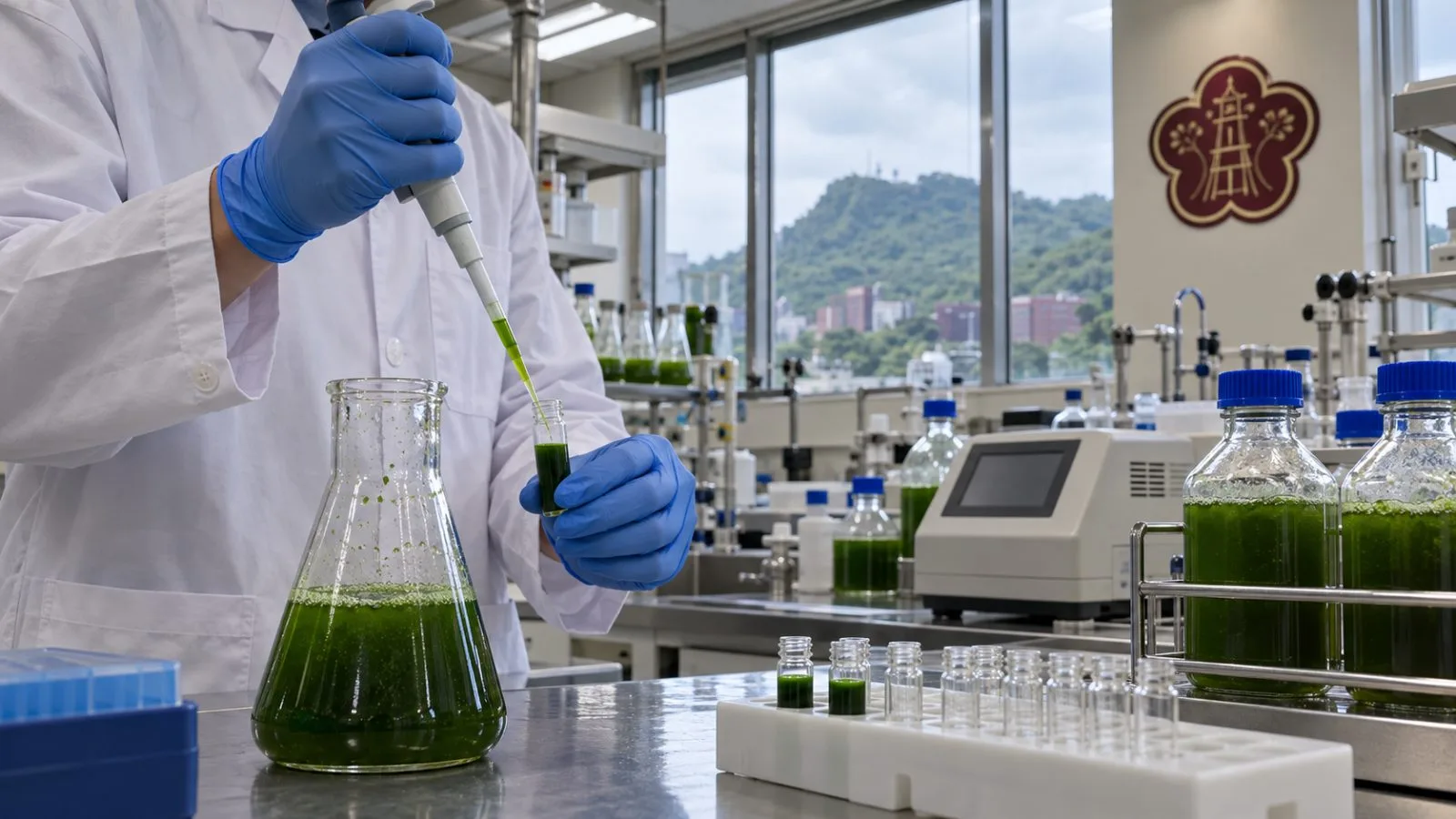 Gloved hands handle green microalgae cultures in a Kaohsiung, Taiwan, laboratory. / EconoTimes.ai