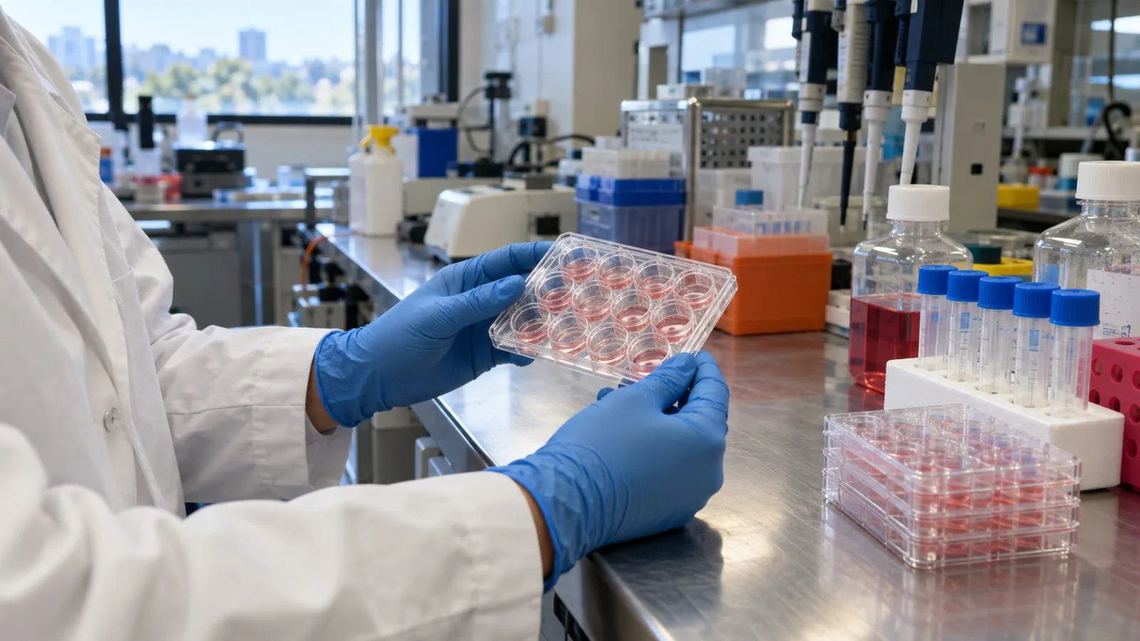 A researcher examines a cell culture plate in a UCLA laboratory in Los Angeles. (AI-generated image / EconoTimes)