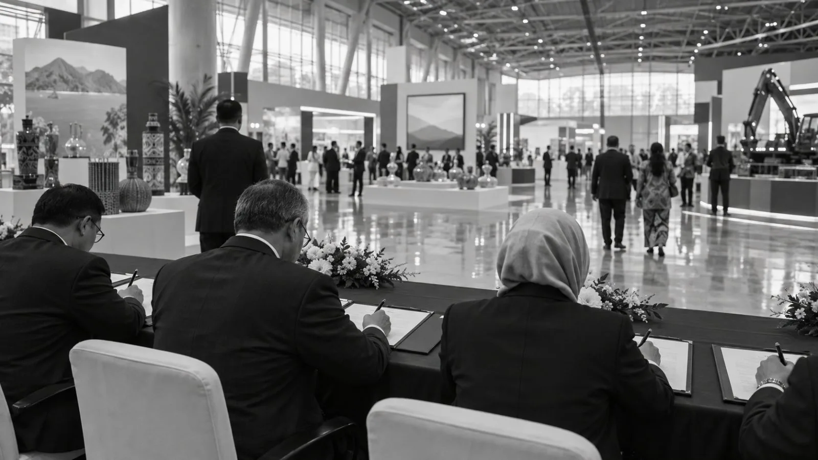 Business delegates sign trade agreements at the Indonesia Convention Exhibition in Tangerang. (AI-generated image / EconoTimes)