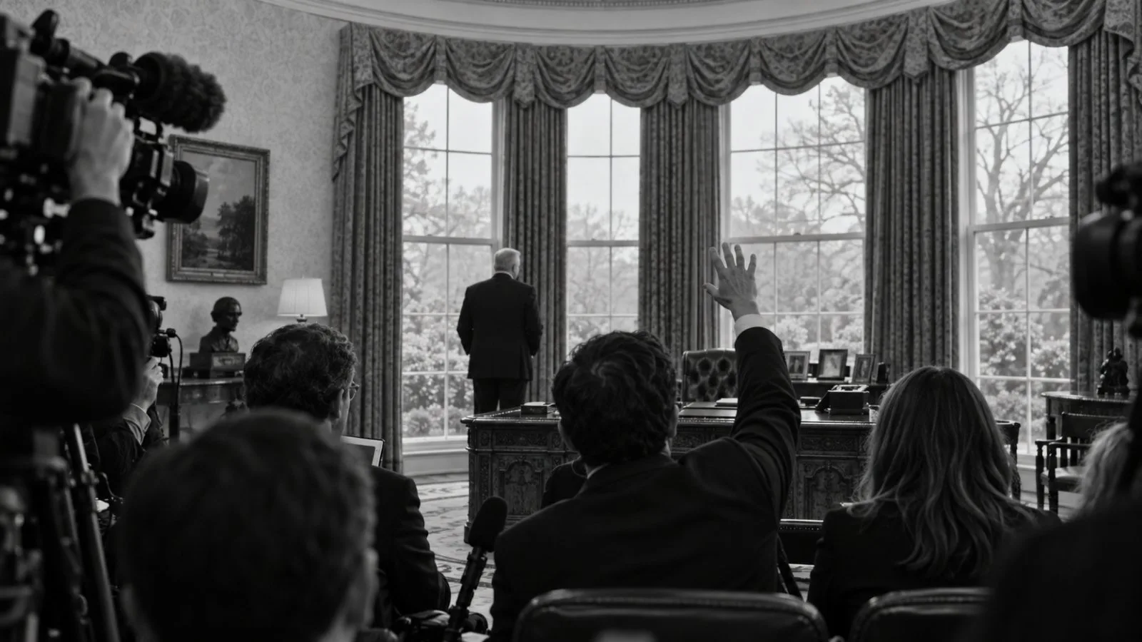 Journalists face the Oval Office during a White House press event in Washington, D.C. (AI-generated image / EconoTimes)
