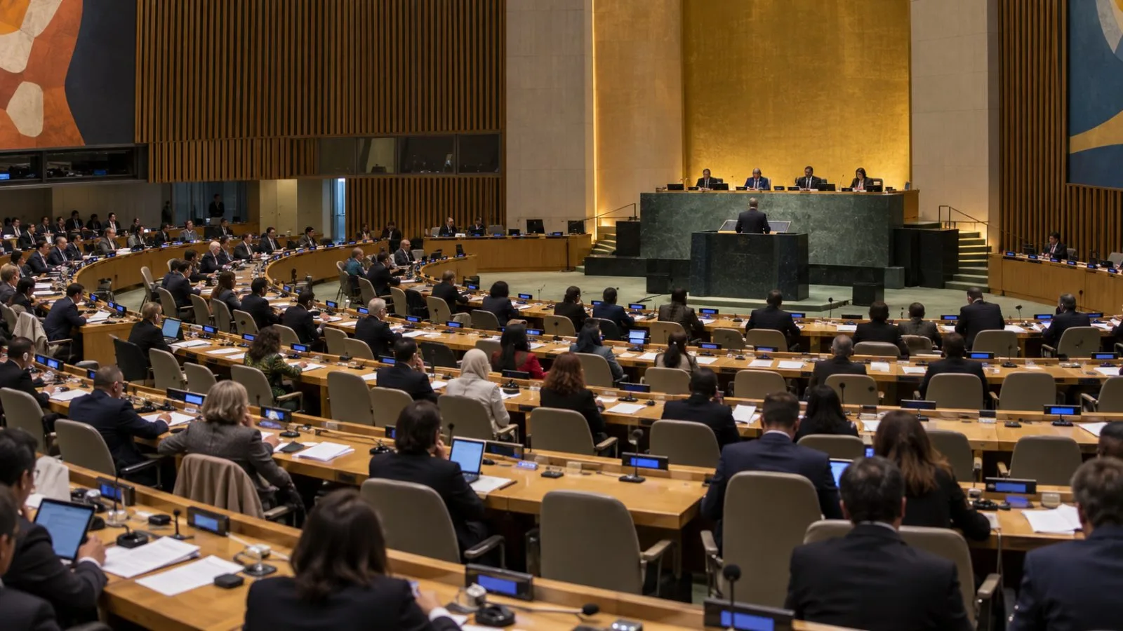 Delegates attend a First Committee meeting at United Nations headquarters in New York. (AI-generated image / EconoTimes)