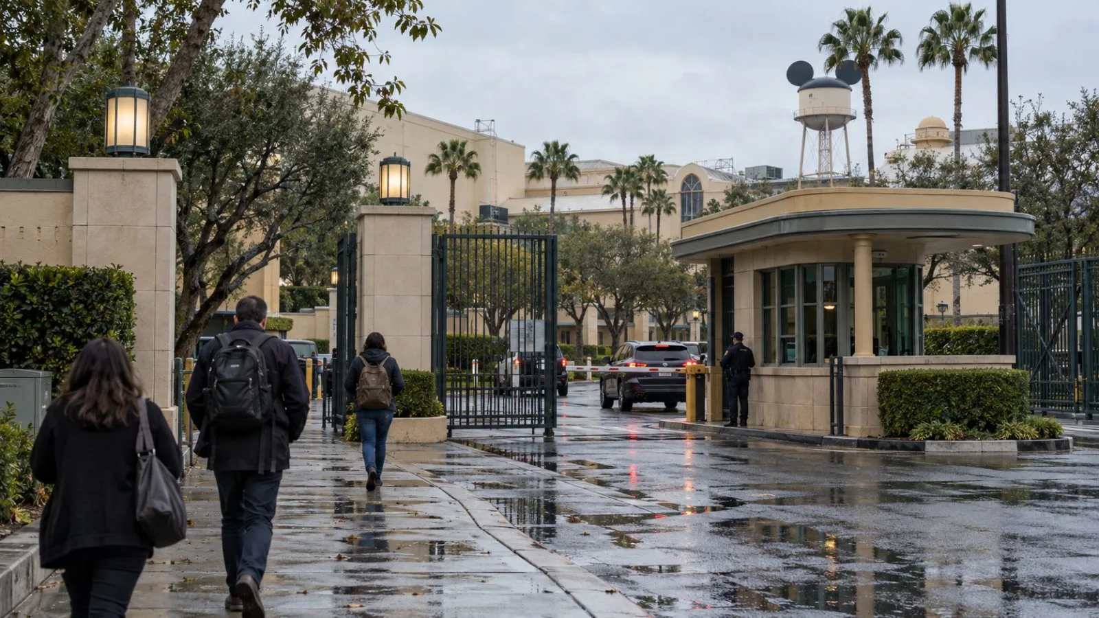 Pedestrians pass the Walt Disney Studios campus in Burbank, California, under gray morning skies. (AI-generated image / EconoTimes)