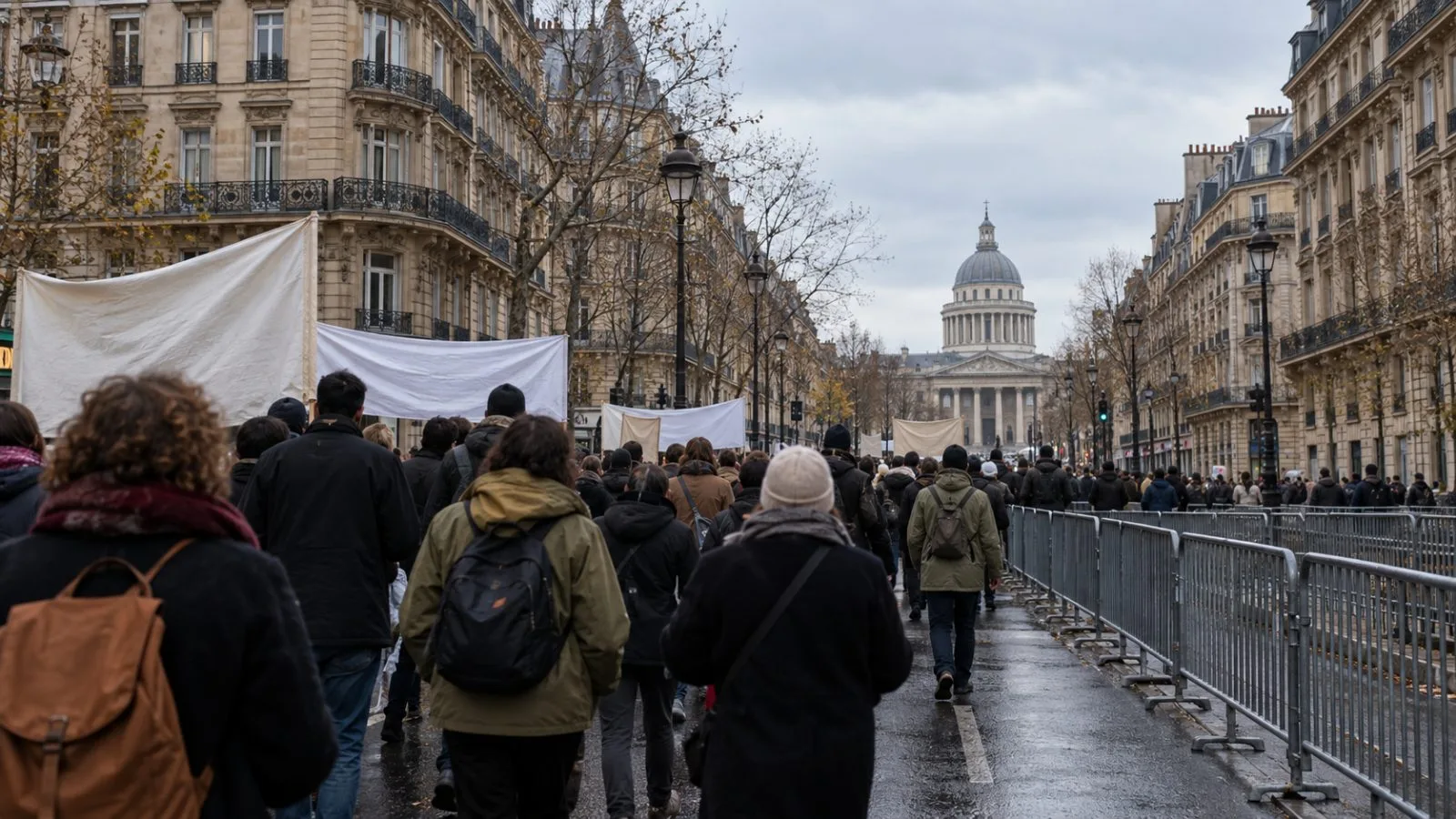 Demonstrators gather along a Paris street as police barriers line the roadway in France (AI-generated image / EconoTimes)