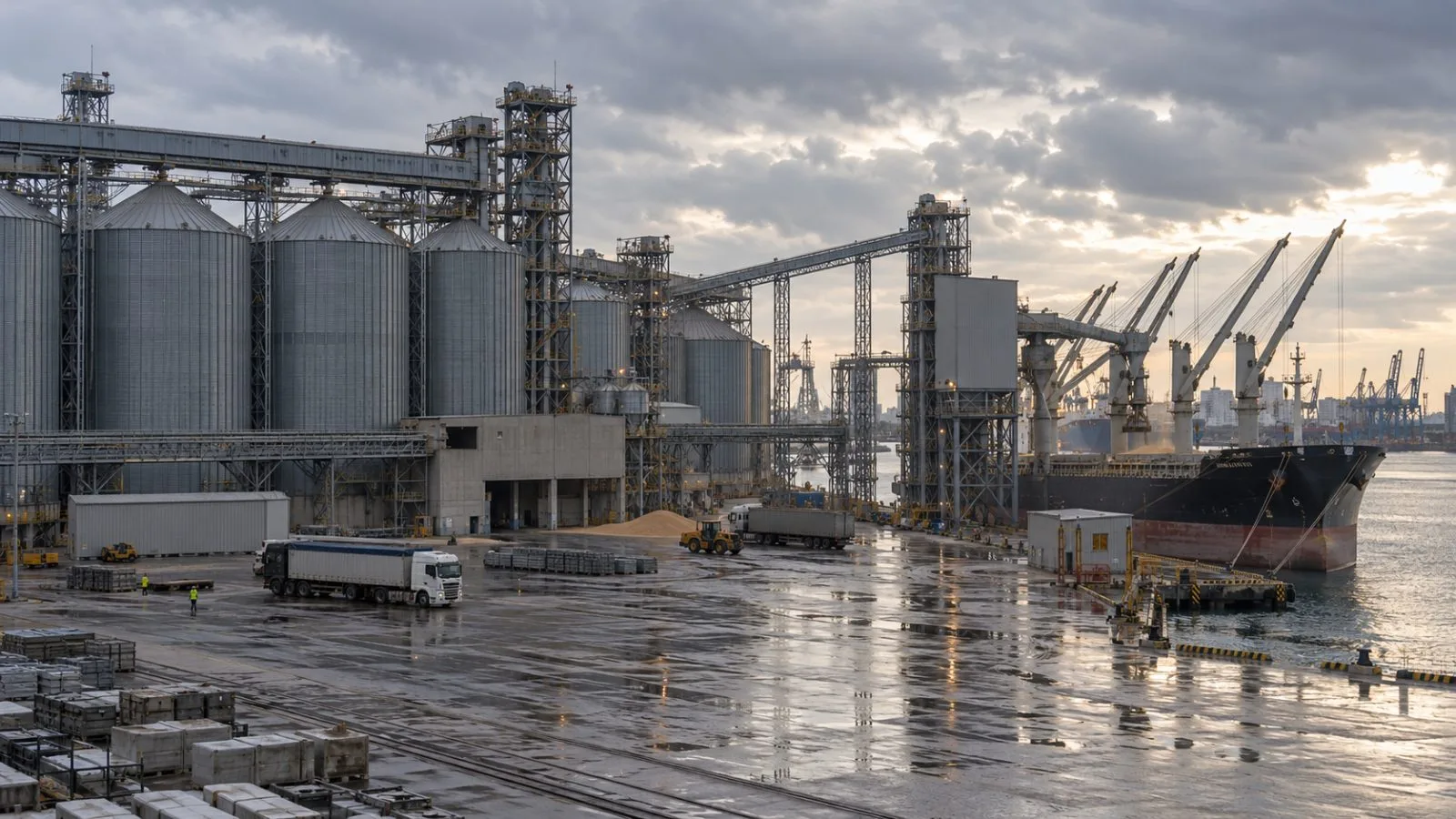 Grain conveyors cross a terminal yard in Odesa, Ukraine, beneath an overcast sky. (AI-generated image / EconoTimes)
