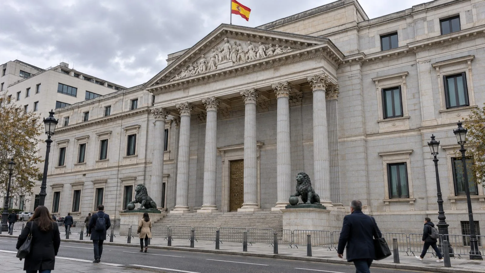 Pedestrians cross outside the Congress of Deputies in Madrid on an overcast afternoon. (AI-generated image / EconoTimes)