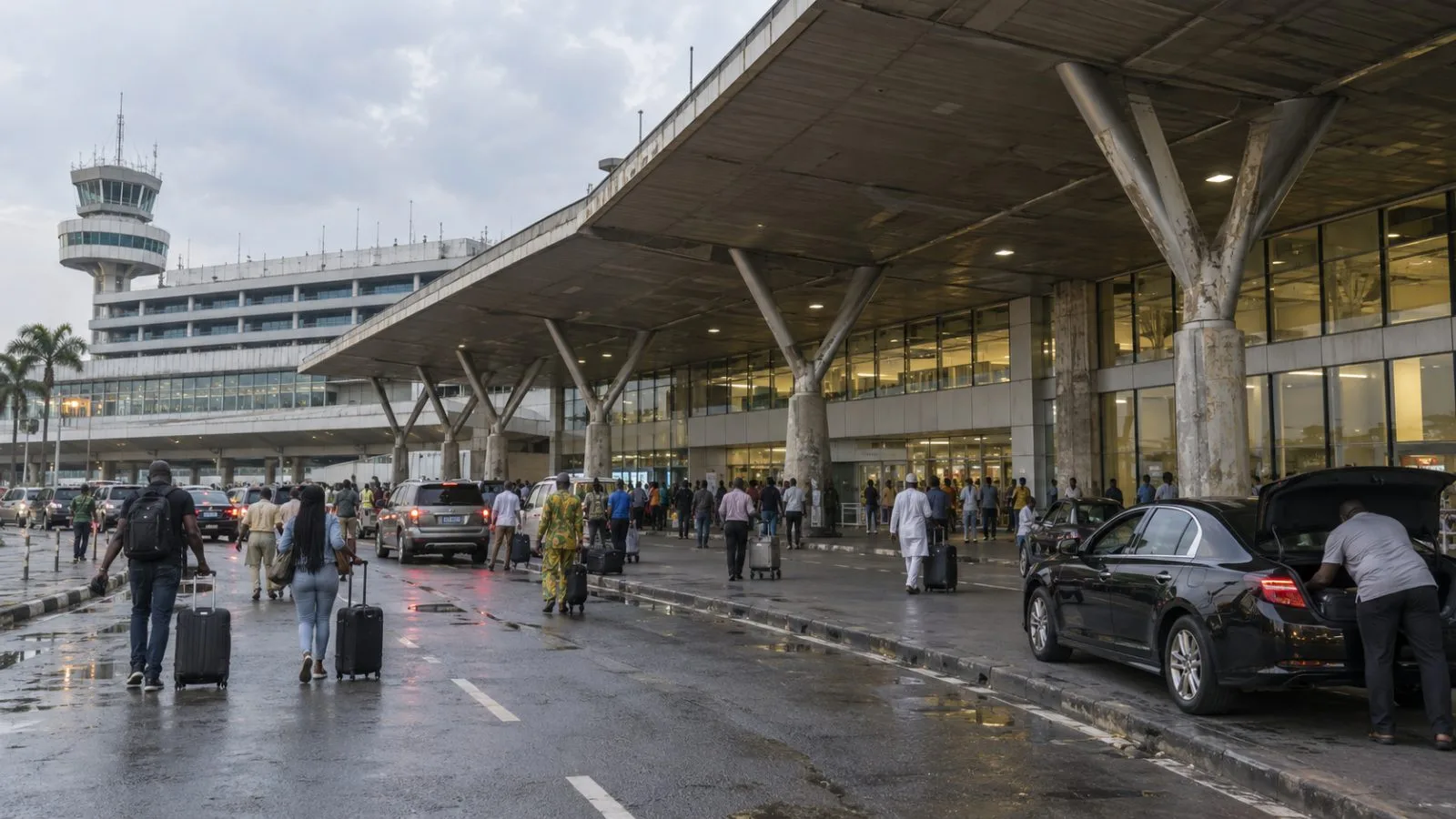 Passengers cross the arrivals curb outside Murtala Muhammed International Airport in Lagos. (AI-generated image / EconoTimes)