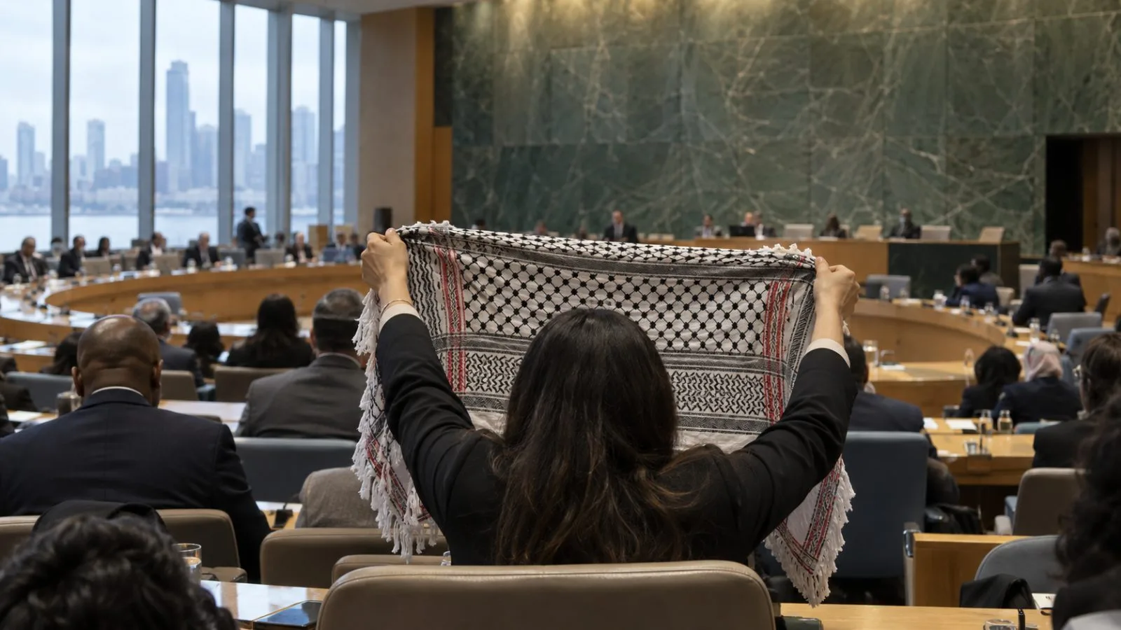 A delegate displays a patterned scarf during a committee meeting at United Nations headquarters in New York (AI-generated image / EconoTimes)