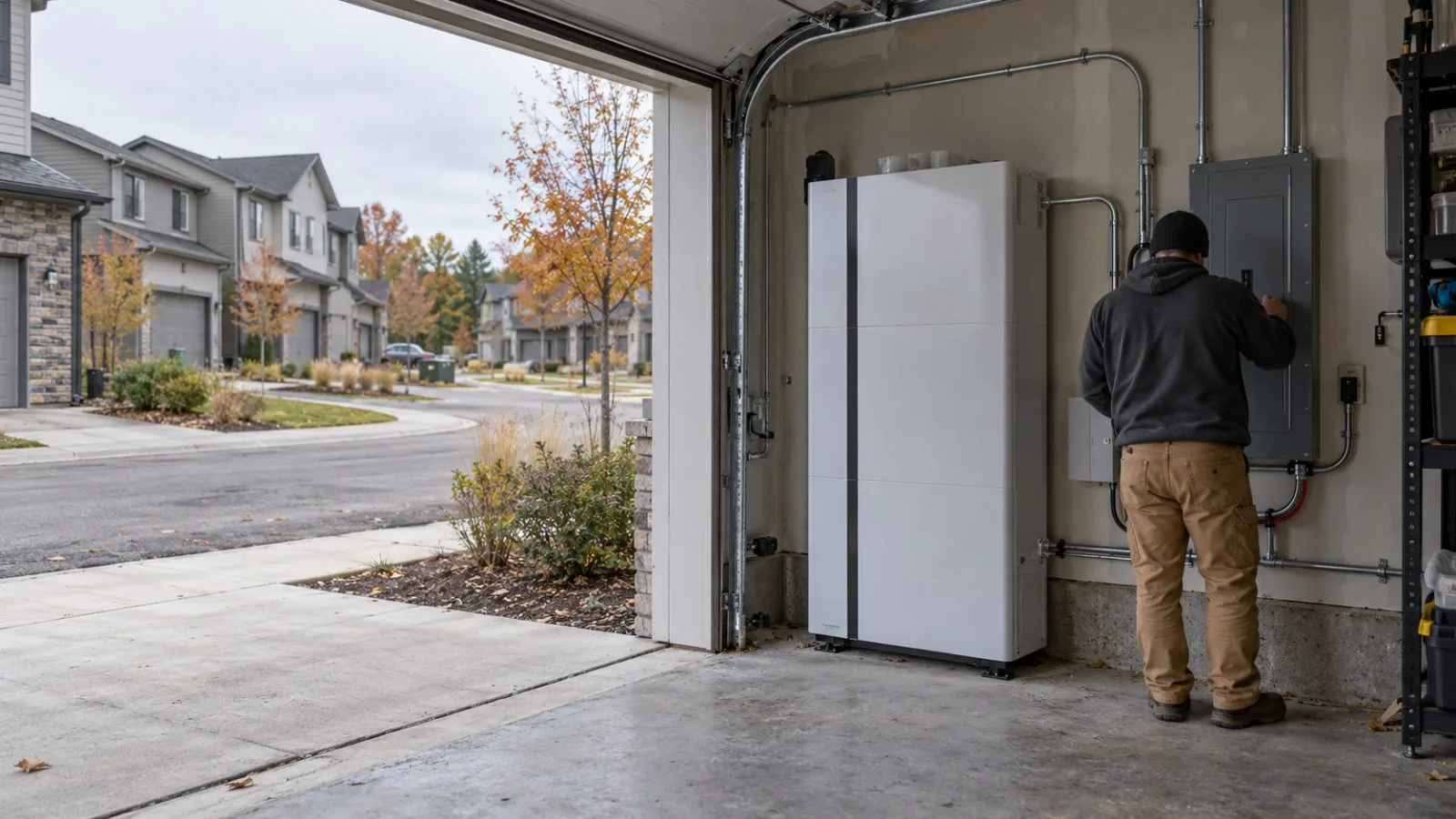 A residential battery cabinet stands inside a townhouse garage at Veridian in Ann Arbor, Michigan. / EconoTimes.ai