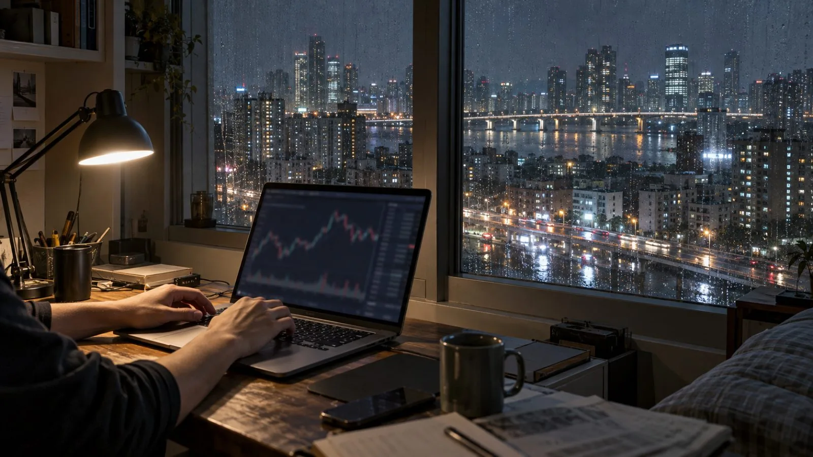 An anonymous operator reviews crypto derivatives on a laptop in Seoul, South Korea (AI-generated image / EconoTimes)