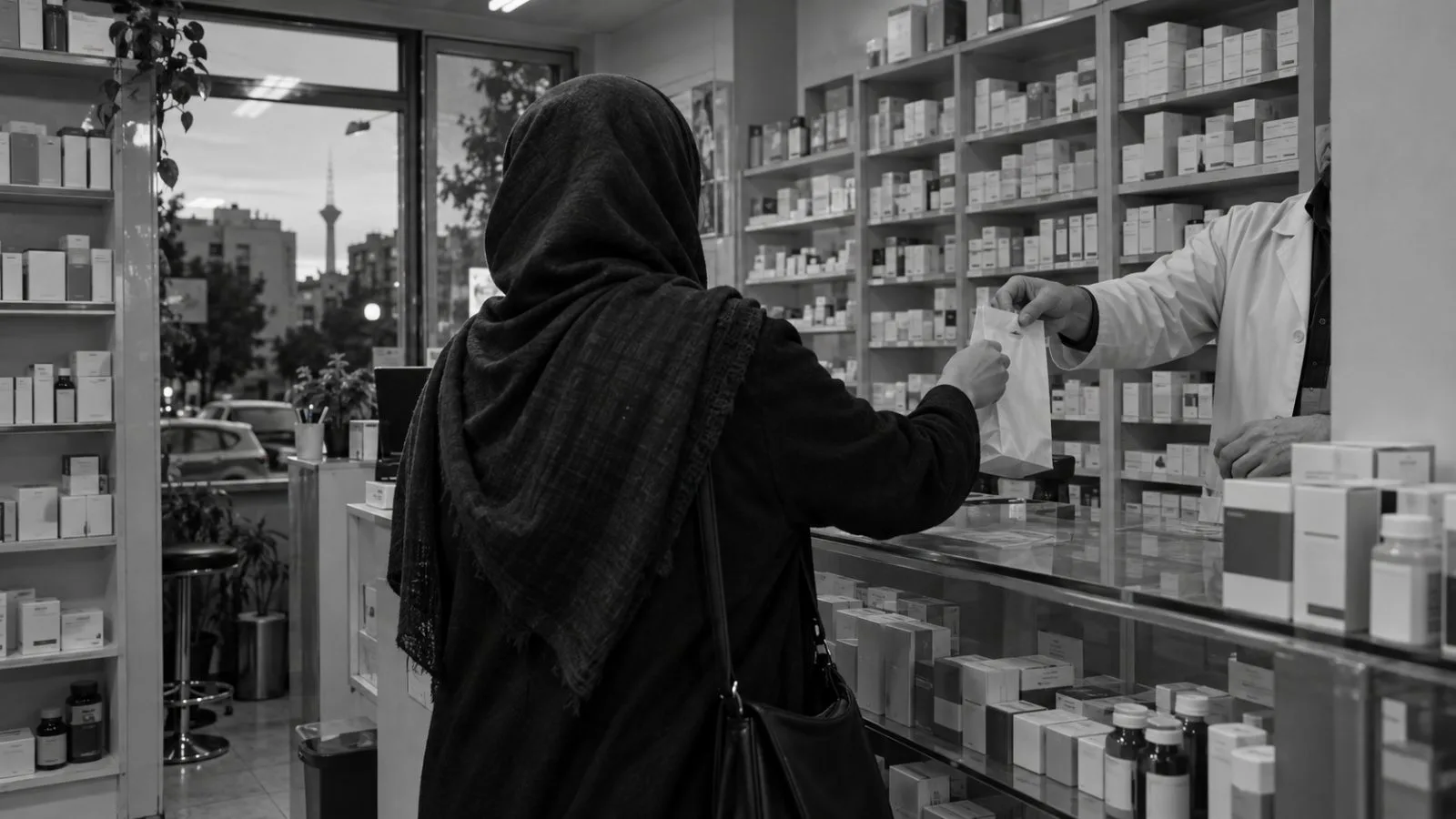 A customer collects medicine at a neighborhood pharmacy in Tehran, Iran. (AI-generated image / EconoTimes)