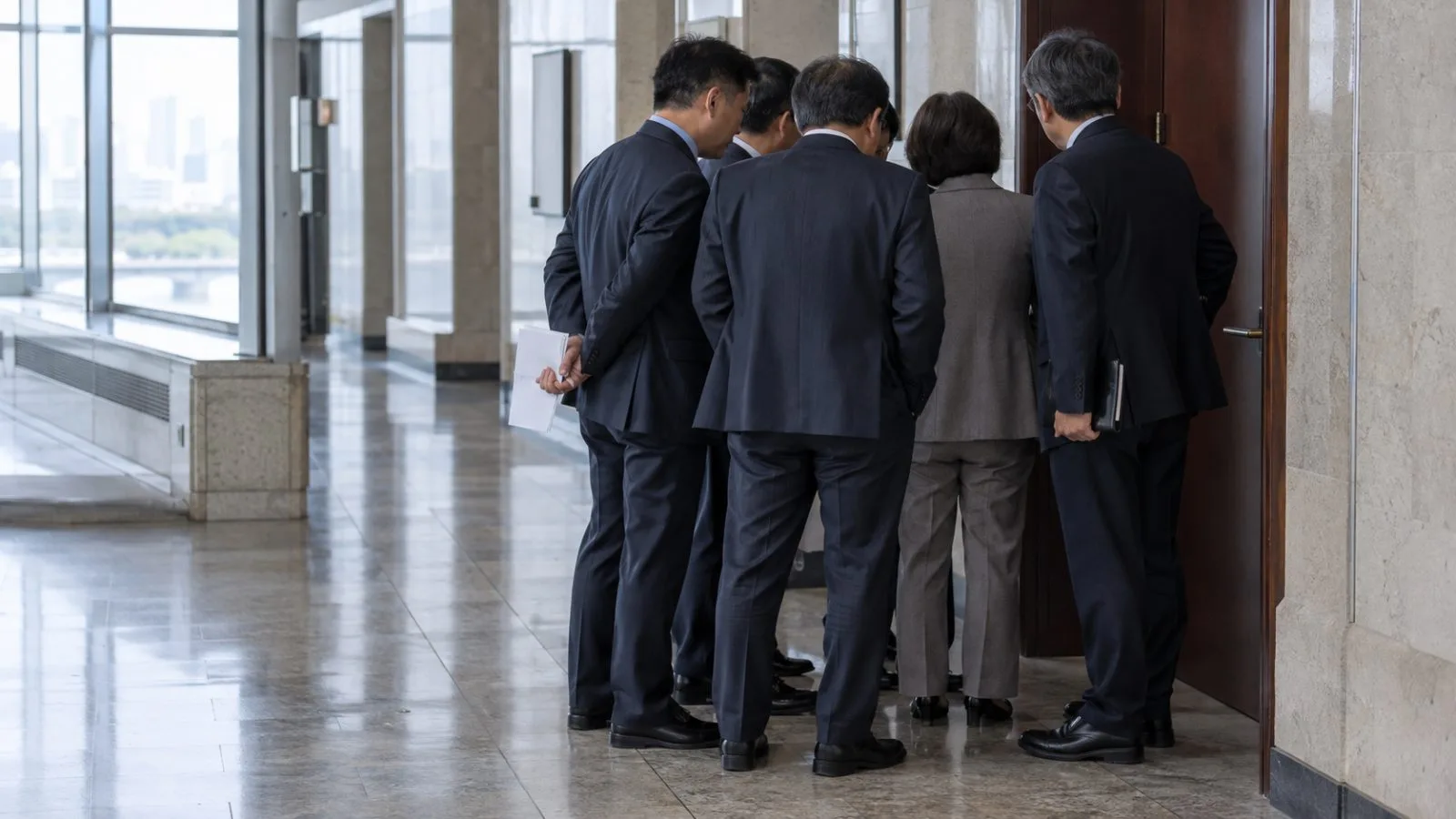 Anonymous lawmakers gather outside a meeting room at South Korea’s National Assembly in Seoul. (AI-generated image / EconoTimes)
