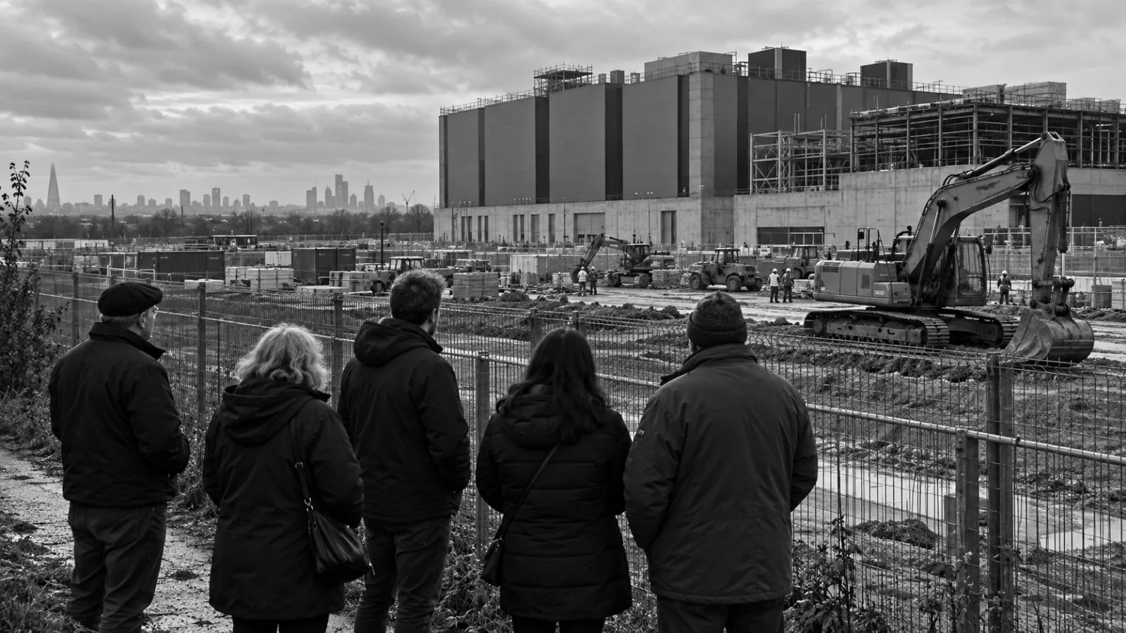 Residents gather beside fencing at a data center construction site outside London, United Kingdom. (AI-generated image / EconoTimes)