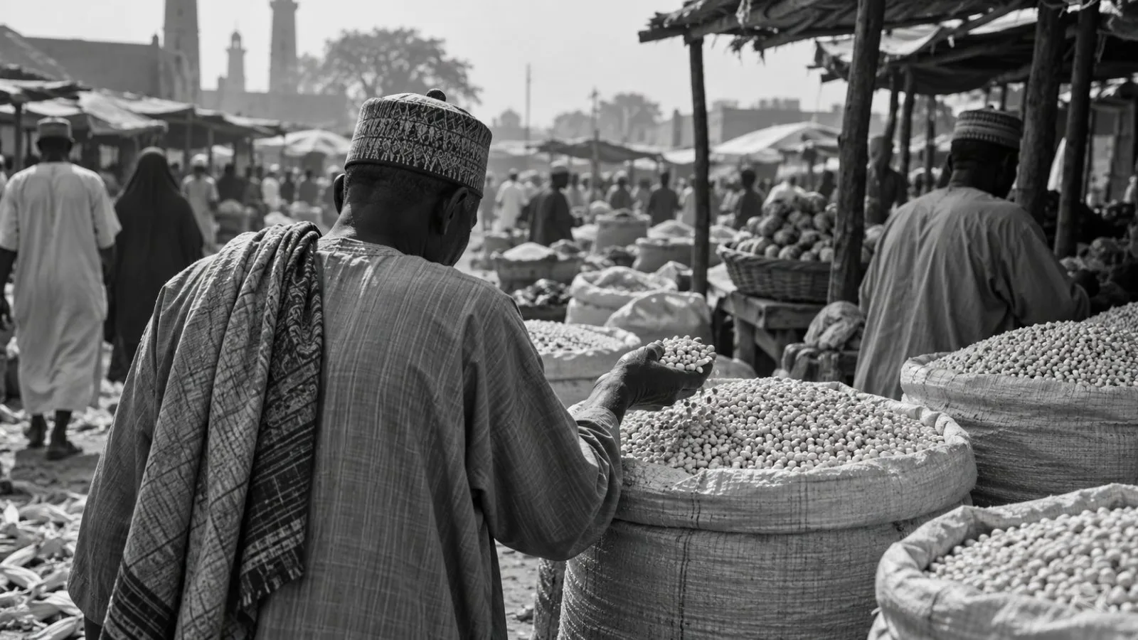 A shopper examines loose maize at an open-air market in Bichi, Kano State, Nigeria. (AI-generated image / EconoTimes)