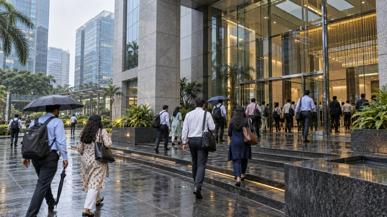 Office workers enter a commercial building in Mumbai’s Bandra Kurla Complex during the morning commute. (AI-generated image / EconoTimes)
