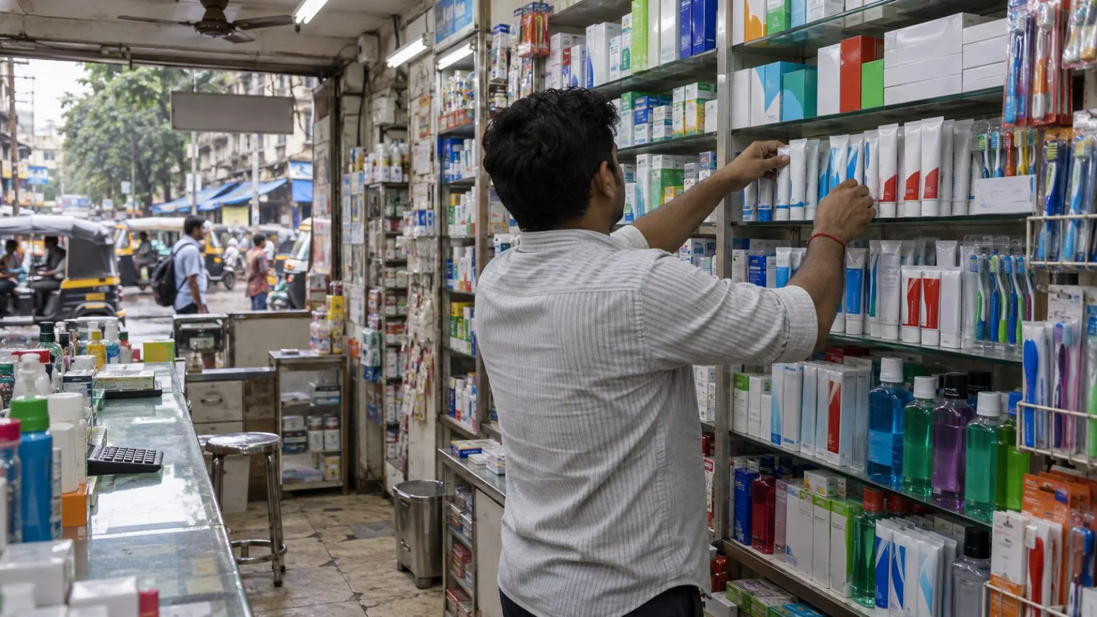 A shopkeeper arranges toothpaste tubes at a neighborhood pharmacy in Mumbai, India. (AI-generated image / EconoTimes)