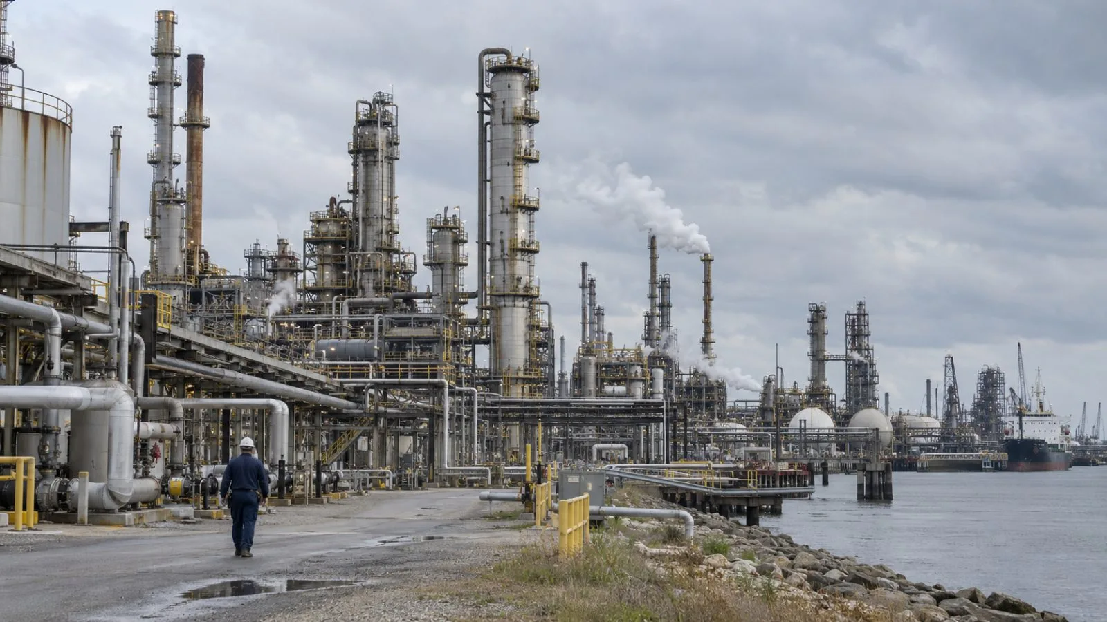 Distillation towers and pipework rise over an operating refinery along Houston’s Ship Channel. (AI-generated image / EconoTimes)