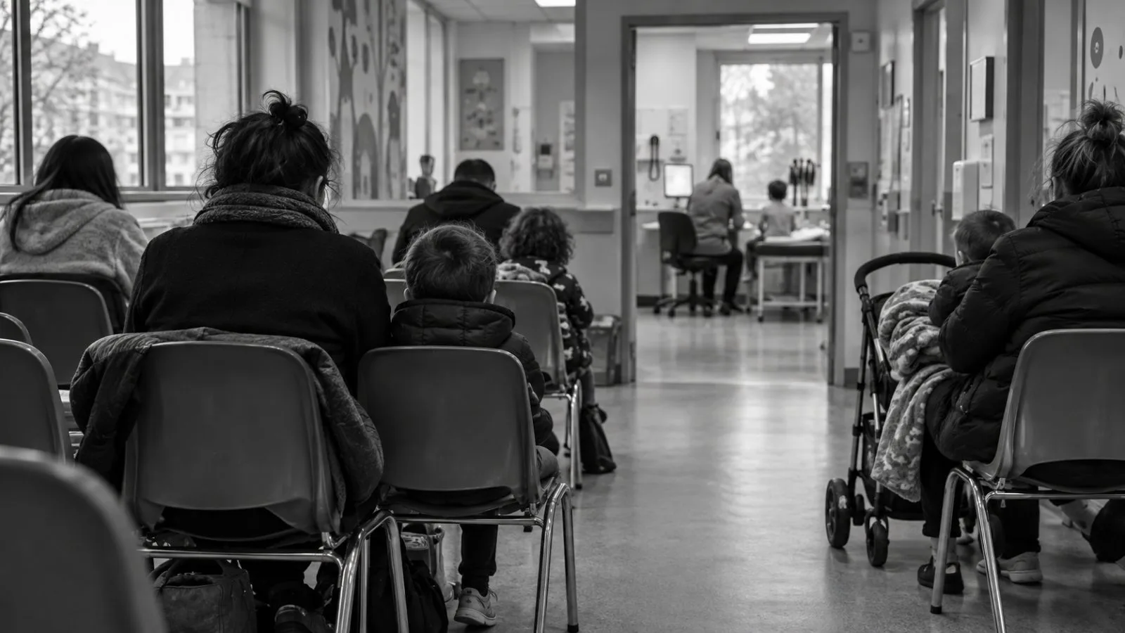 Parents and children wait in a community health clinic in London, England. (AI-generated image / EconoTimes)