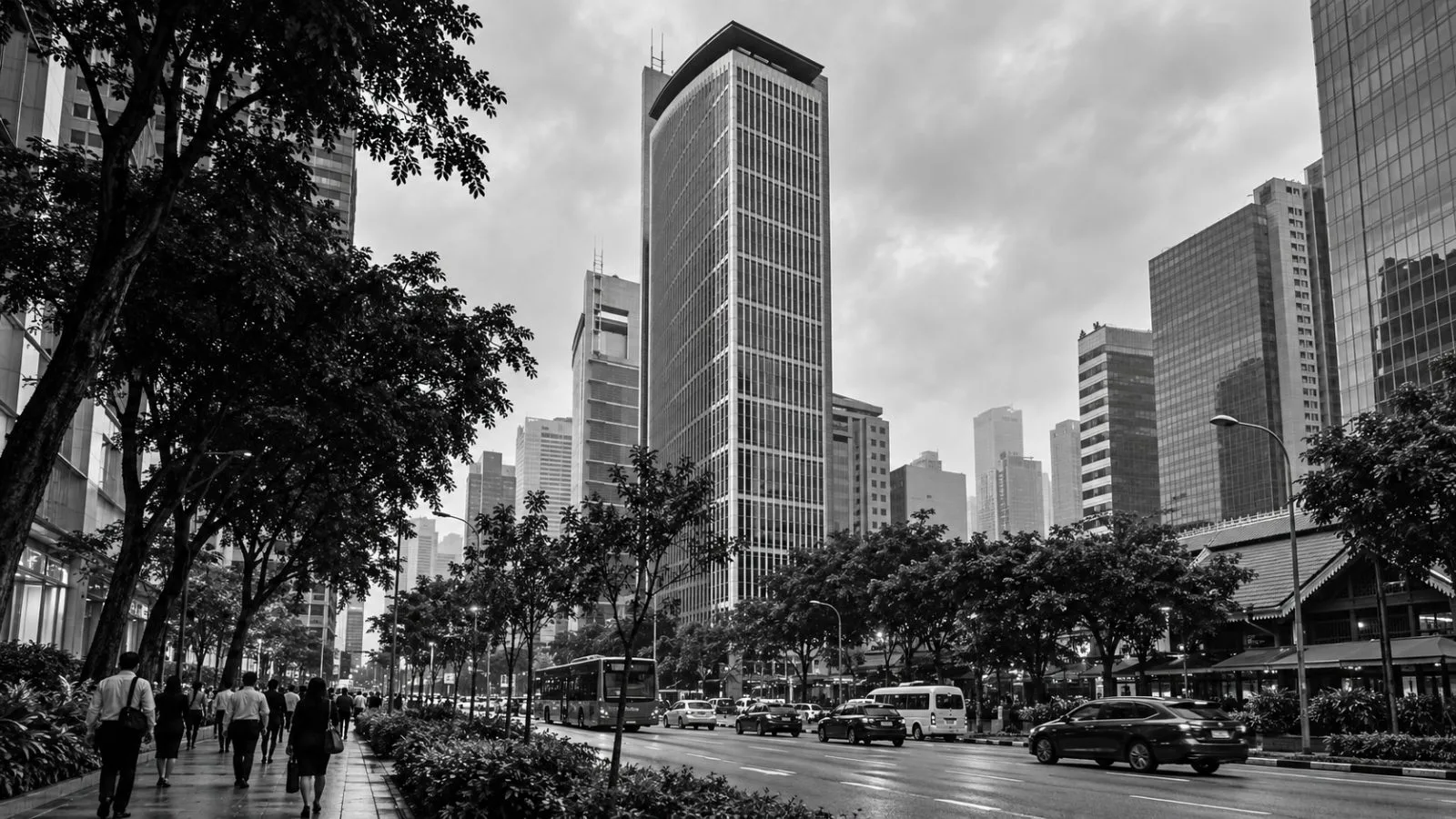 Pedestrians pass Singapore Exchange Centre through hazy air in Singapore. / EconoTimes.ai