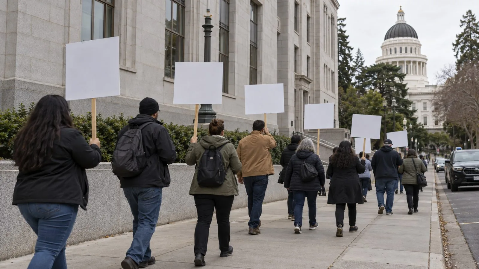 State workers picket outside the Secretary of State building in Sacramento, California / EconoTimes.ai