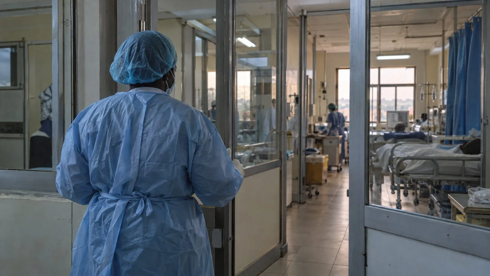 A health worker approaches an isolation ward doorway at a hospital in Abuja, Nigeria. (AI-generated image / EconoTimes)